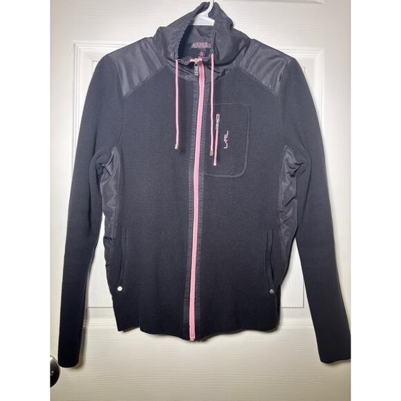 Lauren Ralph Lauren Women's Black/Pink Active Zip Up Collar Jacket sz Medium * - Picture 1 of 8